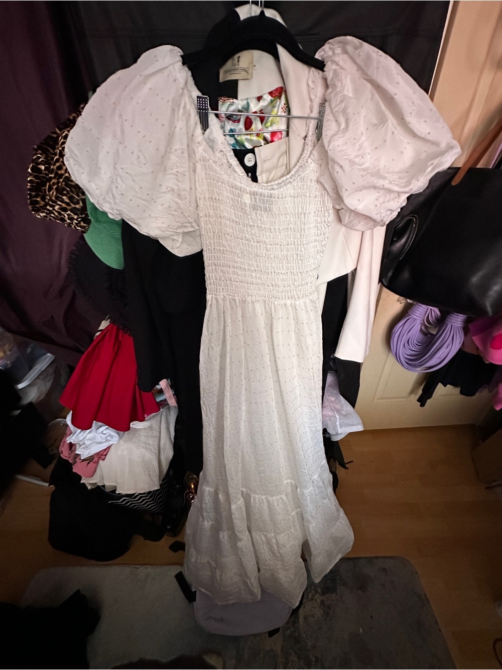 Fashion Brand Company White Puff-Sleeve Smocked Maxi Dress